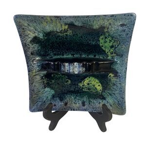 VTG Anna Van Briggle Art Pottery Mottled Blue Drip Glaze Ashtray Signed 9"